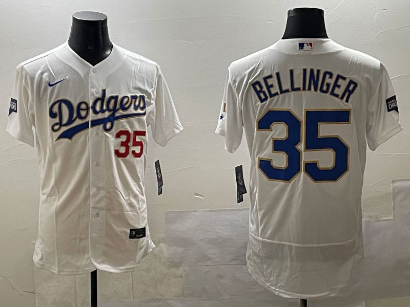 Men Los Angeles Dodgers #35 Bellinger White Gold Elite 2025 Nike MLB Jersey style 5